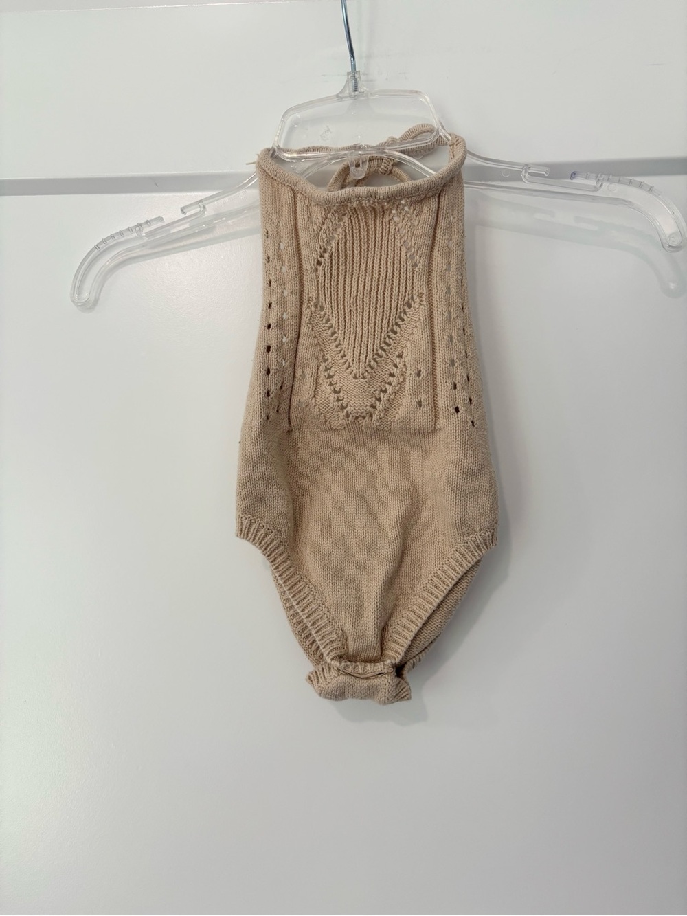 Baileys Blossoms Tan Beige Boho Crochet Knit Halter Romper